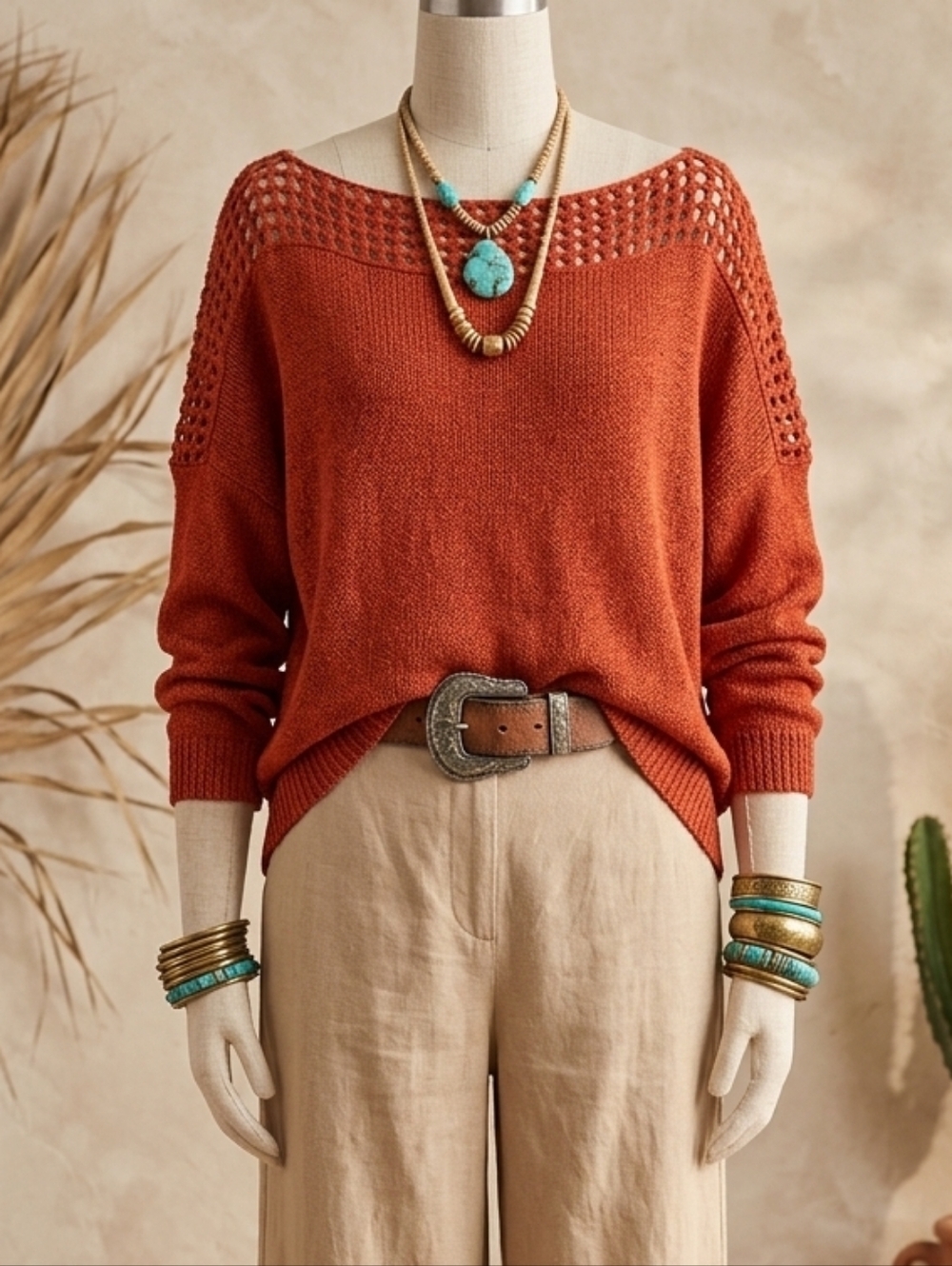 7th Ray Rust Orange Crochet Knit Sweater